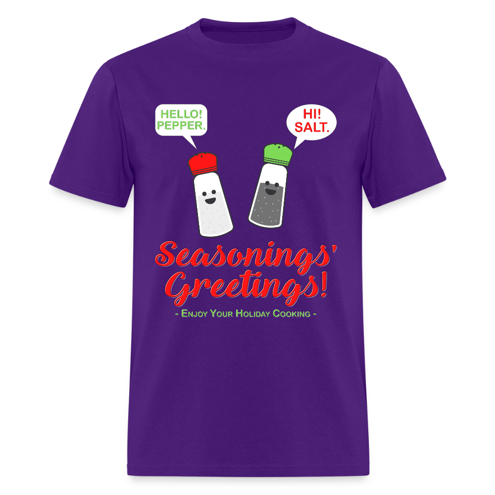 Seasonings Greetings Shirt, Salt Pepper Shaker Shirt, Funny Happy New Year Christmas Holiday Shirt, Foodie Chef Cook Food Gift Idea T-Shirt, Seasons Greetings, Season's Greetings T-Shirt - purple