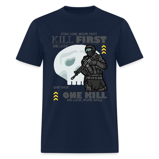 Stay Low Move Fast. Military Sniper T-Shirt, One Kill, No Luck Pure Skill, Die Last, One Shot, Gun Lover Gift, Funny Bullet Gun, Gun Lover, Veteran Gift, Gamer Shirt, Video Game Shirt, Pew T-shirt - navy