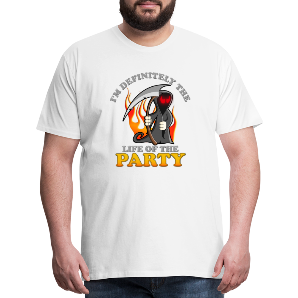 I'm Definitely The Life Of The Party, Grim Reaper, Death, Happy Halloween, Monster, Trick Or Treat, Spooky, Scary, Skull, Wolf, Werewolf, Orange, Bat, Red, Mountain, Men's Premium T-Shirt - white