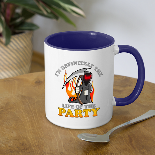 I'm Definitely The Life Of The Party, Grim Reaper, Death, Happy Halloween, Monster, Trick Or Treat, Spooky, Scary, Skull, Wolf, Werewolf, Orange, Bat, Red, Mountain, Contrast Coffee Mug - white/cobalt blue