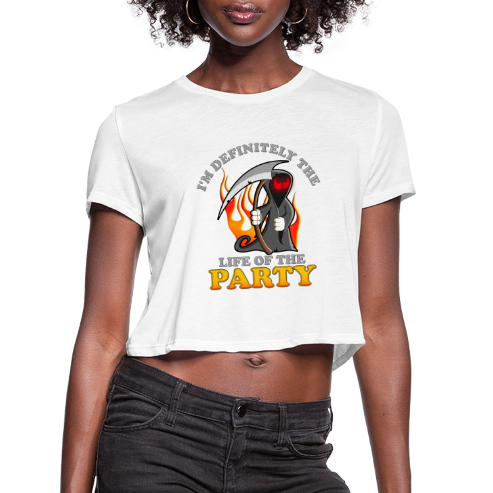 I'm Definitely The Life Of The Party, Grim Reaper, Death, Happy Halloween, Monster, Trick Or Treat, Spooky, Scary, Skull, Wolf, Werewolf, Orange, Bat, Red, Mountain, Women's Cropped T-Shirt - white
