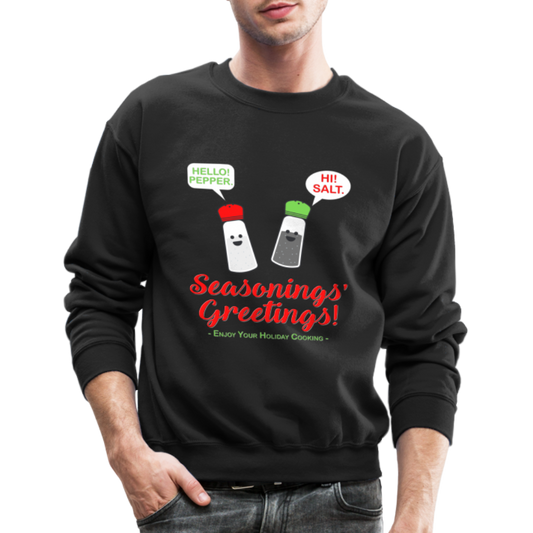 Seasonings Greetings Sweater, Salt Pepper Shaker Sweater, Funny Happy New Year Christmas Holiday Sweater, Foodie Chef Cook Food Gift Idea Crew neck Sweatshirt - black