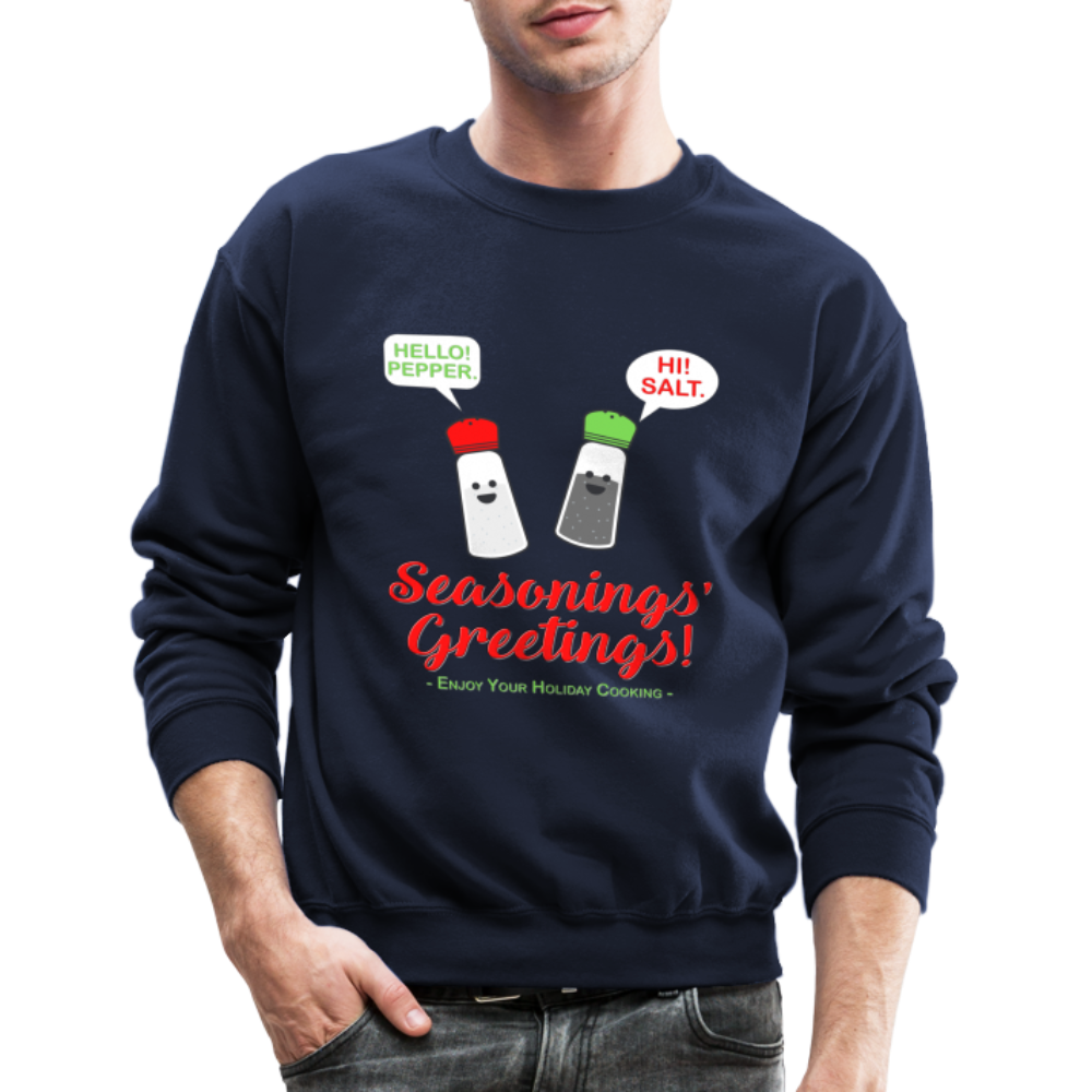 Seasonings Greetings Sweater, Salt Pepper Shaker Sweater, Funny Happy New Year Christmas Holiday Sweater, Foodie Chef Cook Food Gift Idea Crew neck Sweatshirt - navy