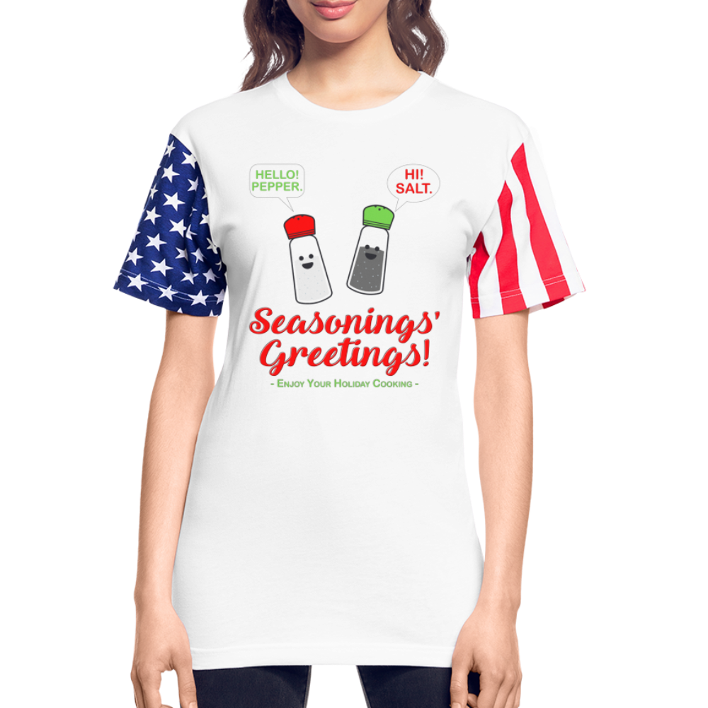 Seasonings Greetings Shirt, Salt Pepper Shaker Shirt, Funny Happy New Year Christmas Holiday Shirt, Foodie Chef Cook Food Gift Idea Adult Stars & Stripes T-Shirt | LAT Code Five™ 3976 - white