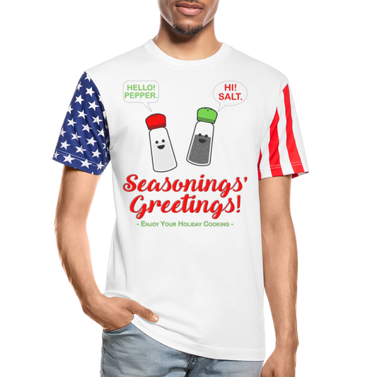 Seasonings Greetings Shirt, Salt Pepper Shaker Shirt, Funny Happy New Year Christmas Holiday Shirt, Foodie Chef Cook Food Gift Idea Adult Stars & Stripes T-Shirt | LAT Code Five™ 3976 - white