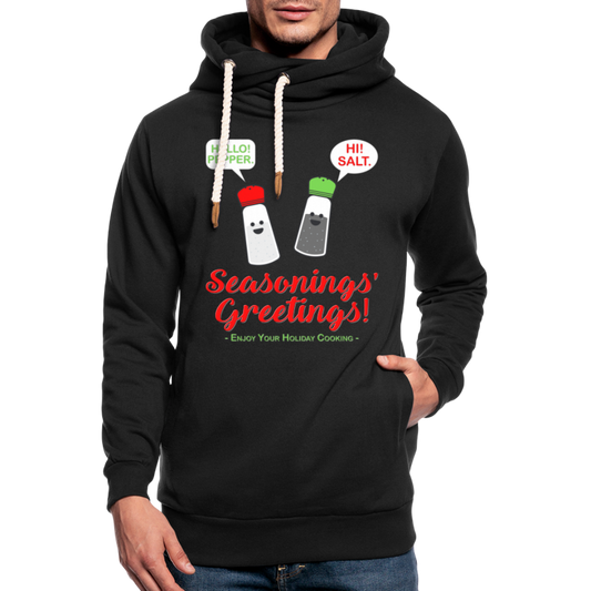Seasonings Greetings Hoodie, Salt Pepper Shaker Hoodie, Funny Happy New Year Christmas Holiday Hoodie, Foodie Chef Cook Food Gift Idea Shawl Collar Hoodie - black