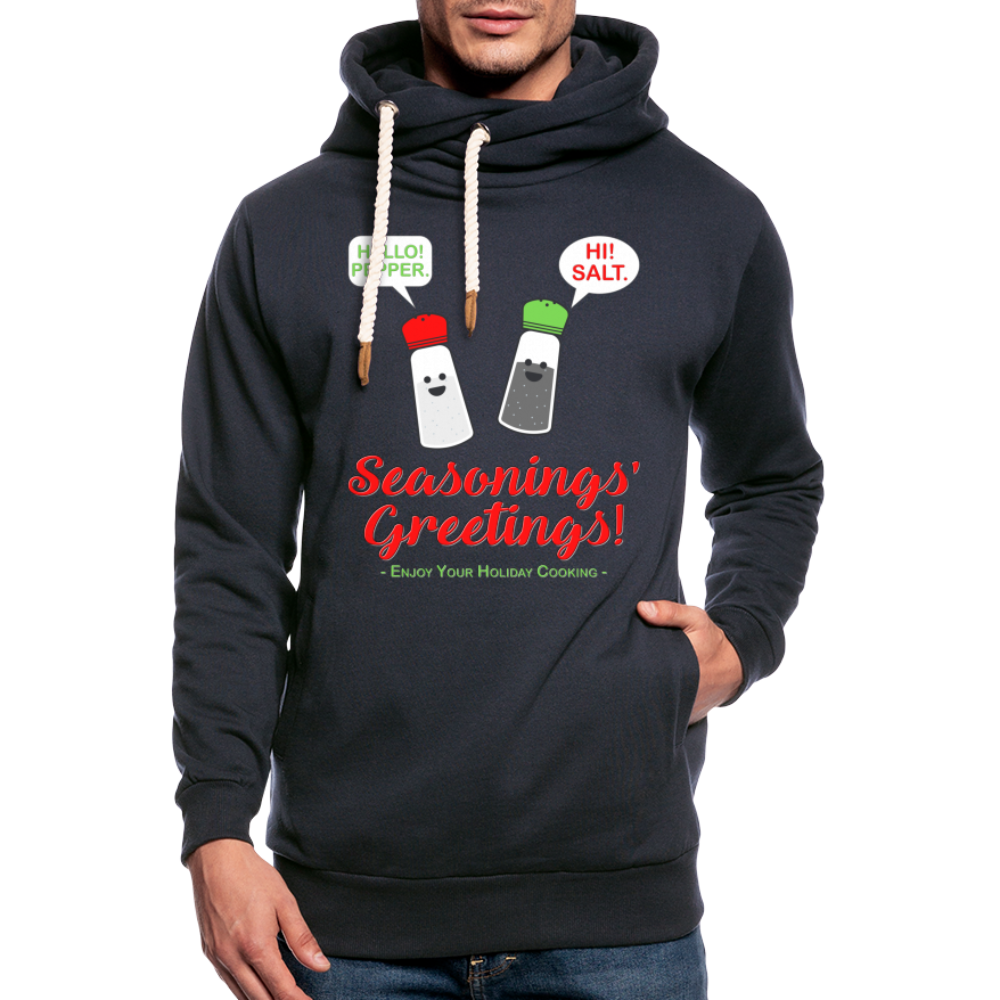 Seasonings Greetings Hoodie, Salt Pepper Shaker Hoodie, Funny Happy New Year Christmas Holiday Hoodie, Foodie Chef Cook Food Gift Idea Shawl Collar Hoodie - navy