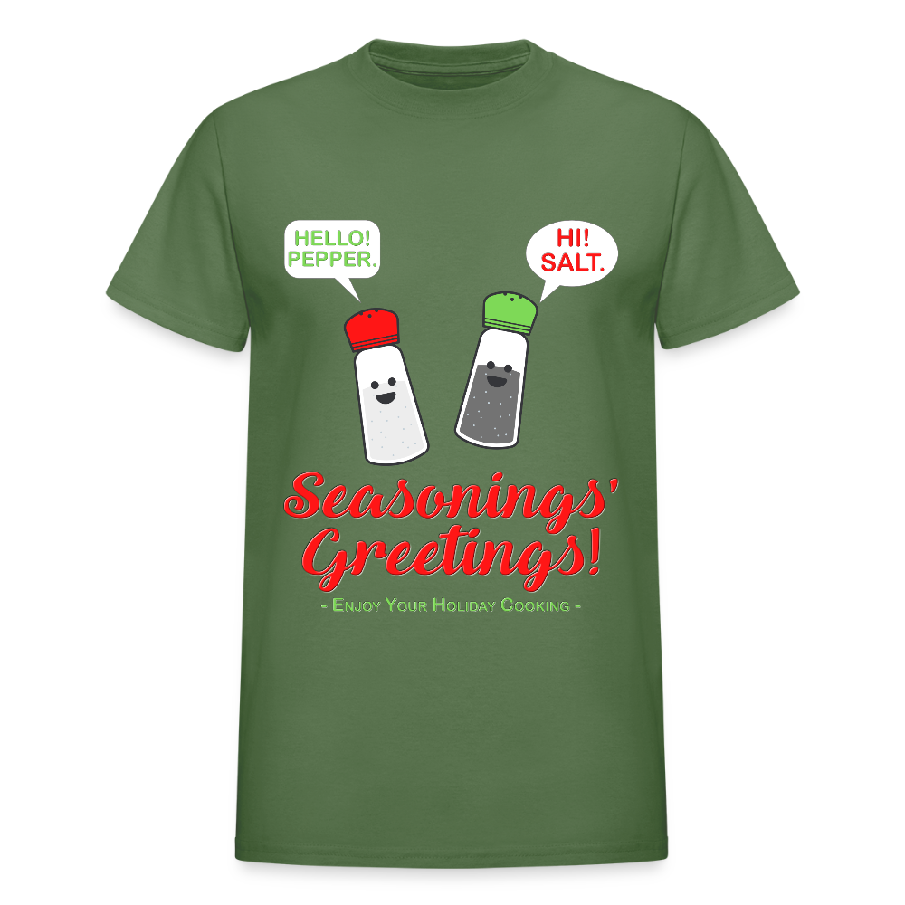 Seasonings Greetings Shirt, Salt Pepper Shaker Shirt, Funny Happy New Year Christmas Holiday Shirt, Foodie Chef Cook Food Gift Idea T-Shirt, Seasons Greetings, Season's Greetings T-Shirt - military green