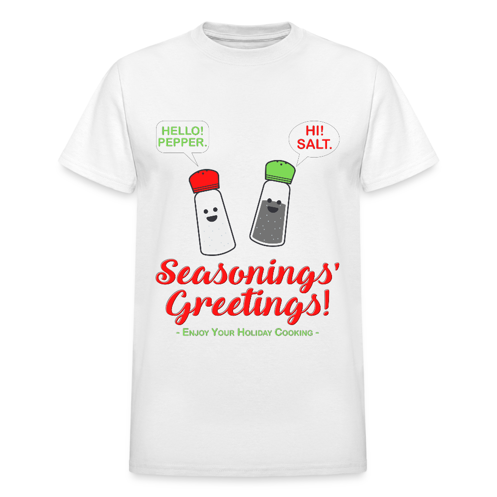 Seasonings Greetings Shirt, Salt Pepper Shaker Shirt, Funny Happy New Year Christmas Holiday Shirt, Foodie Chef Cook Food Gift Idea T-Shirt, Seasons Greetings, Season's Greetings T-Shirt - white