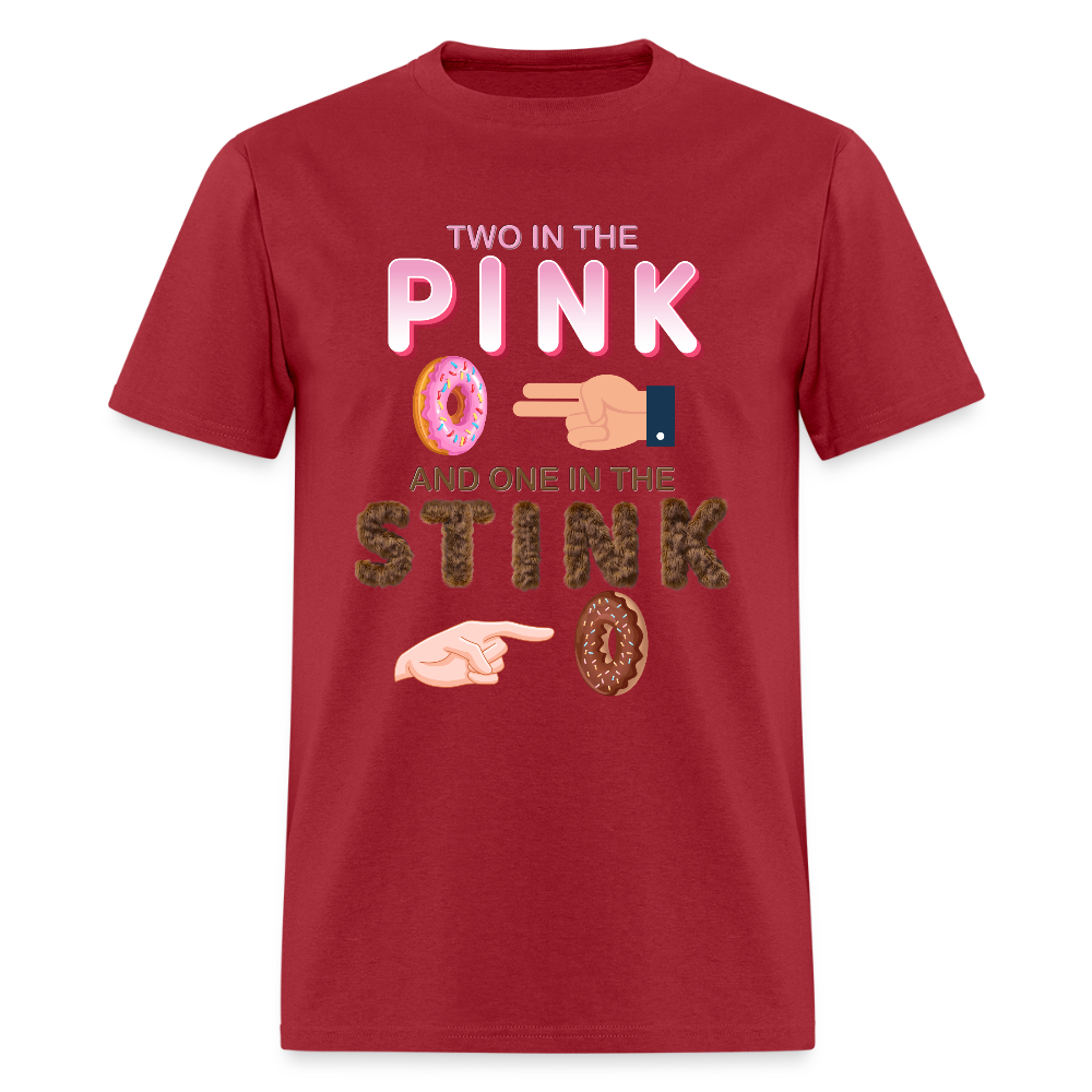 Adult Humor Shirt, The shocker symbol t-shirt, Inappropriate adult sexual humor, 2 in the pink 1 in the stink butt play anal joke, Two, One - dark red