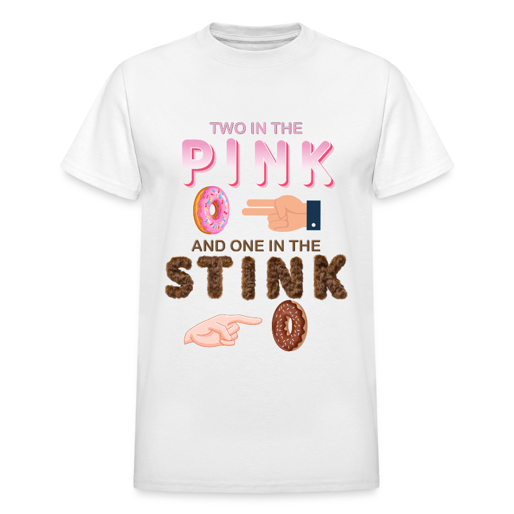 Adult Humor Shirt, The shocker symbol t-shirt, Inappropriate adult sexual humor, 2 in the pink 1 in the stink butt play anal joke, Two, One - white