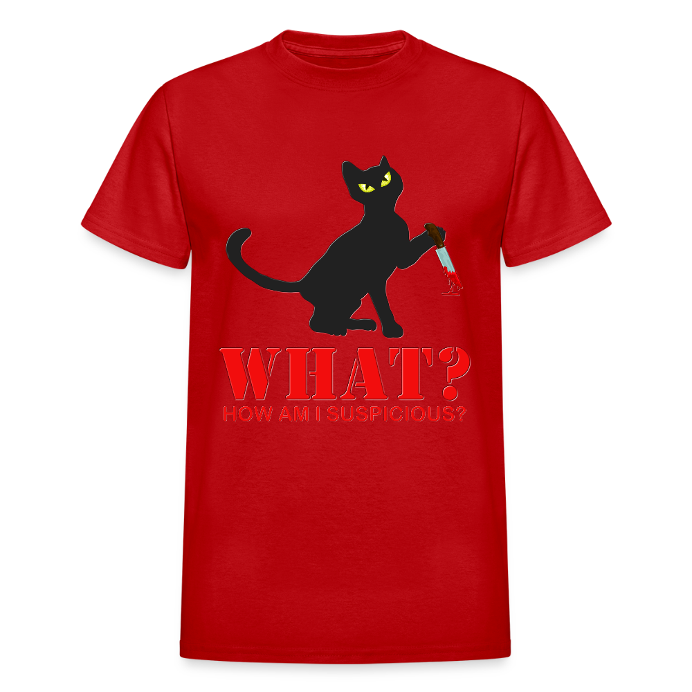 Halloween Cat Shirt, Cat What Funny Black Cat Shirt, How Am I Suspicious, Murderous Cat With Knife T-Shirt, Knife Murderous Cat Tee Shirt, Funny Cat Lover Shirt - red