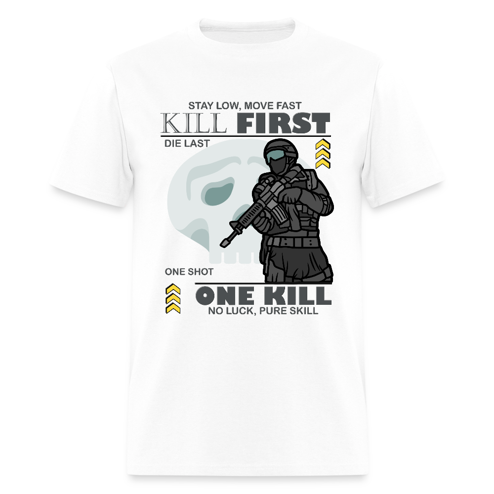 Stay Low Move Fast. Military Sniper T-Shirt, One Kill, No Luck Pure Skill, Die Last, One Shot, Gun Lover Gift, Funny Bullet Gun, Gun Lover, Veteran Gift, Gamer Shirt, Video Game Shirt, Pew T-shirt - white