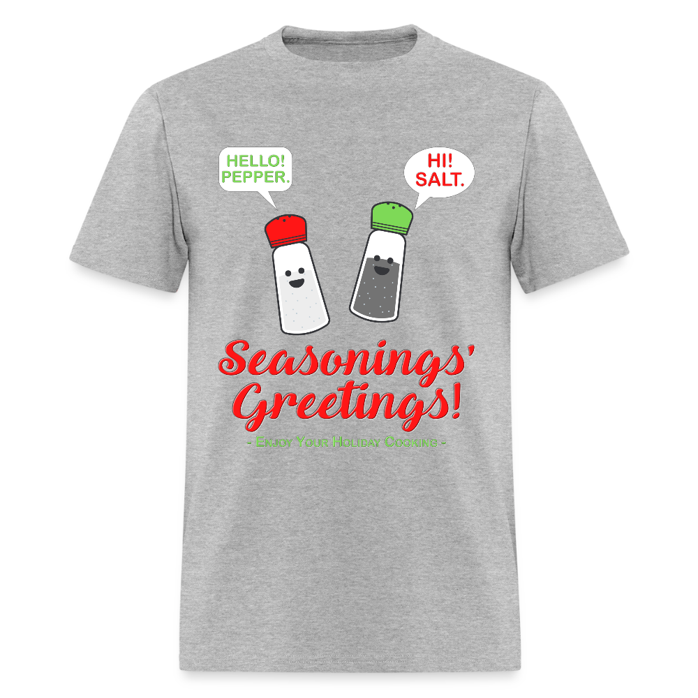 Seasonings Greetings Shirt, Salt Pepper Shaker Shirt, Funny Happy New Year Christmas Holiday Shirt, Foodie Chef Cook Food Gift Idea T-Shirt, Seasons Greetings, Season's Greetings T-Shirt - heather gray