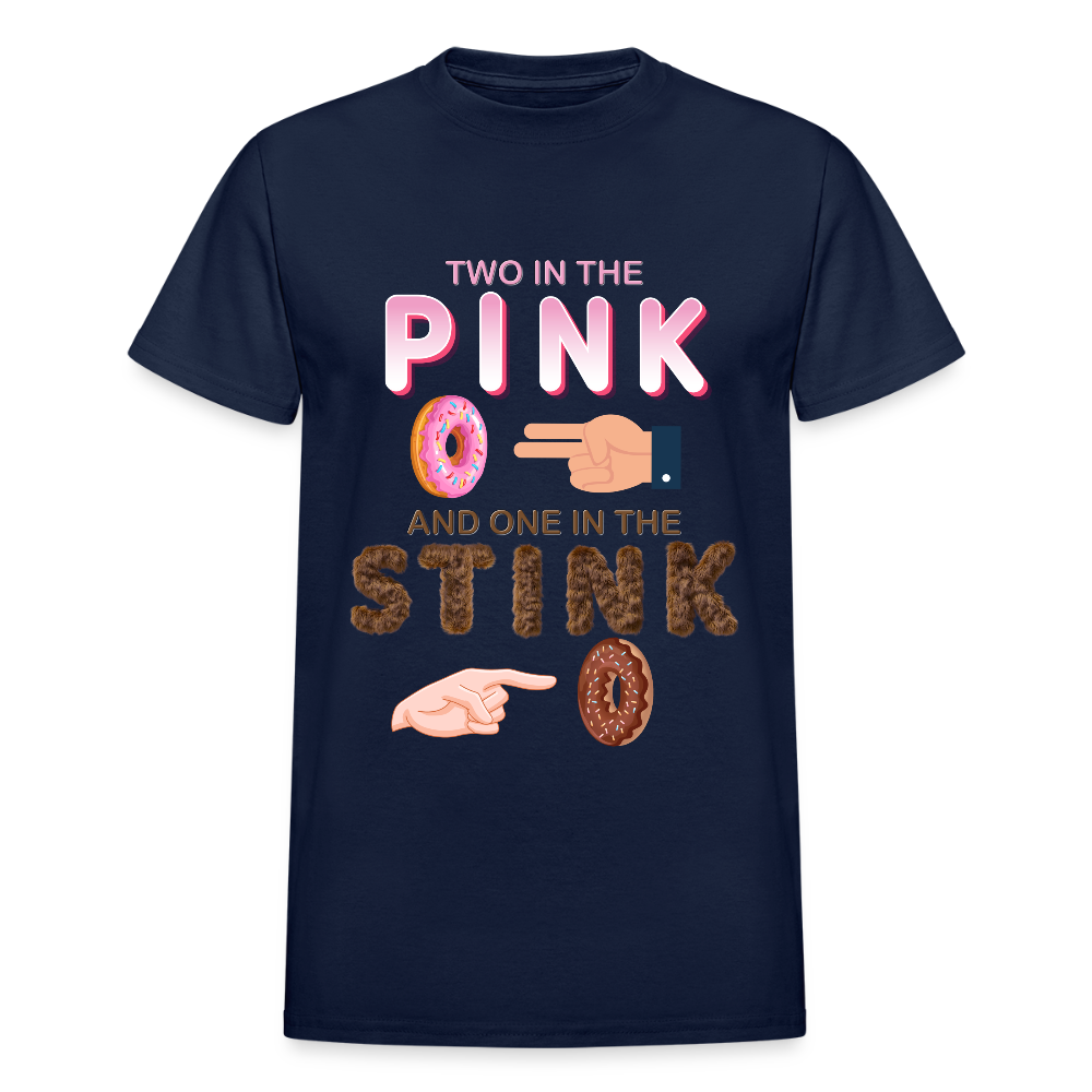 Adult Humor Shirt, The shocker symbol t-shirt, Inappropriate adult sexual humor, 2 in the pink 1 in the stink butt play anal joke, Two, One - navy