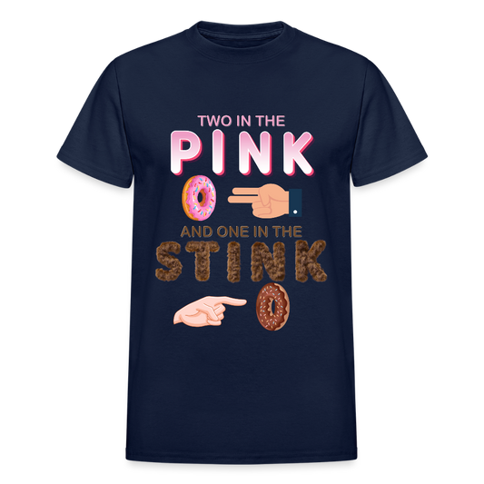 Adult Humor Shirt, The shocker symbol t-shirt, Inappropriate adult sexual humor, 2 in the pink 1 in the stink butt play anal joke, Two, One - navy