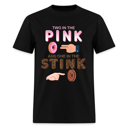 Adult Humor Shirt, The shocker symbol t-shirt, Inappropriate adult sexual humor, 2 in the pink 1 in the stink butt play anal joke, Two, One - black