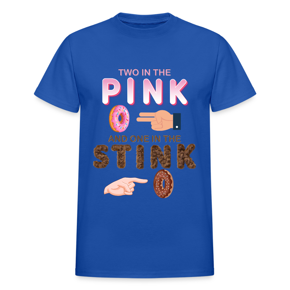 Adult Humor Shirt, The shocker symbol t-shirt, Inappropriate adult sexual humor, 2 in the pink 1 in the stink butt play anal joke, Two, One - royal blue