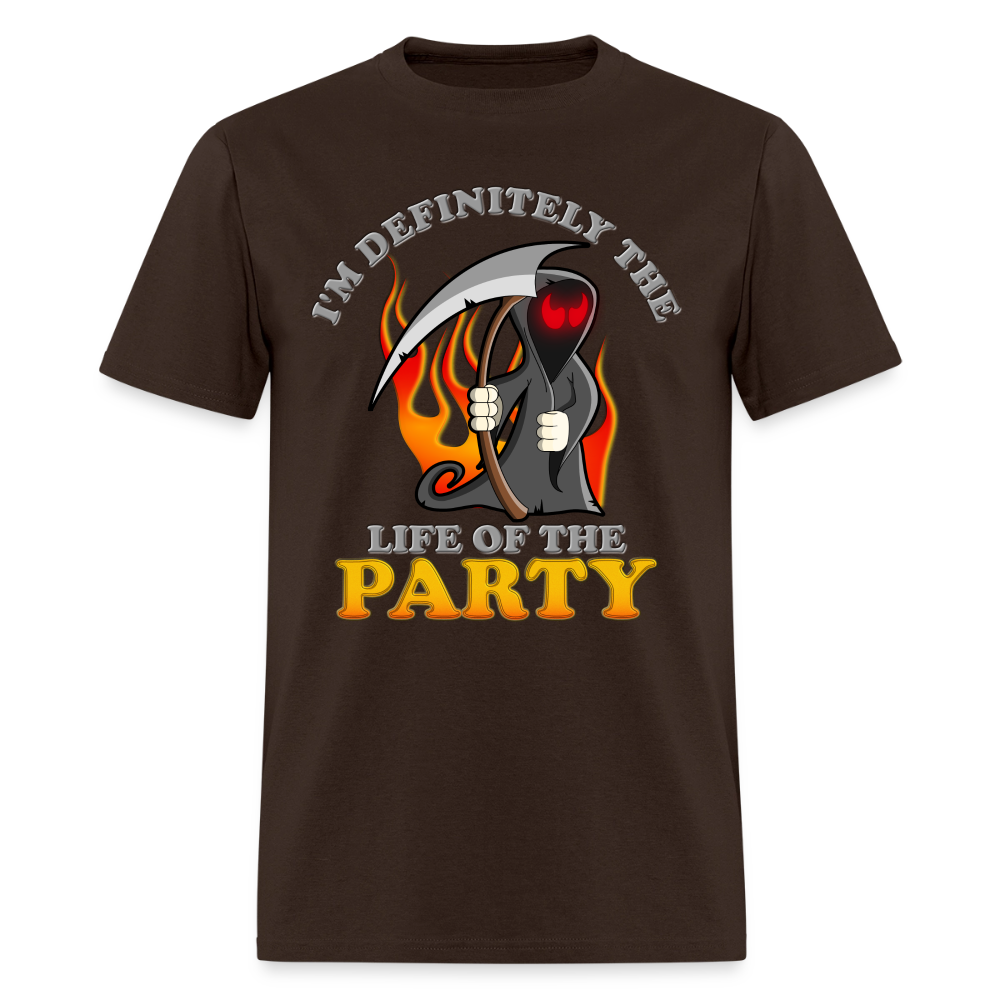 I'm Definitely The Life Of The Party, Grim Reaper, Death, Happy Halloween, Monster, Trick Or Treat, Spooky, Scary, Skull, Wolf, Werewolf, Orange, Bat, Red, Mountain, Men's Premium T-Shirt - brown
