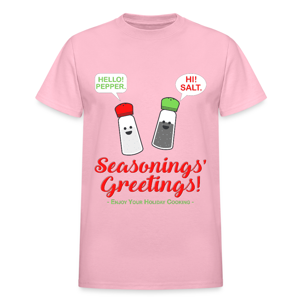 Seasonings Greetings Shirt, Salt Pepper Shaker Shirt, Funny Happy New Year Christmas Holiday Shirt, Foodie Chef Cook Food Gift Idea T-Shirt, Seasons Greetings, Season's Greetings T-Shirt - light pink