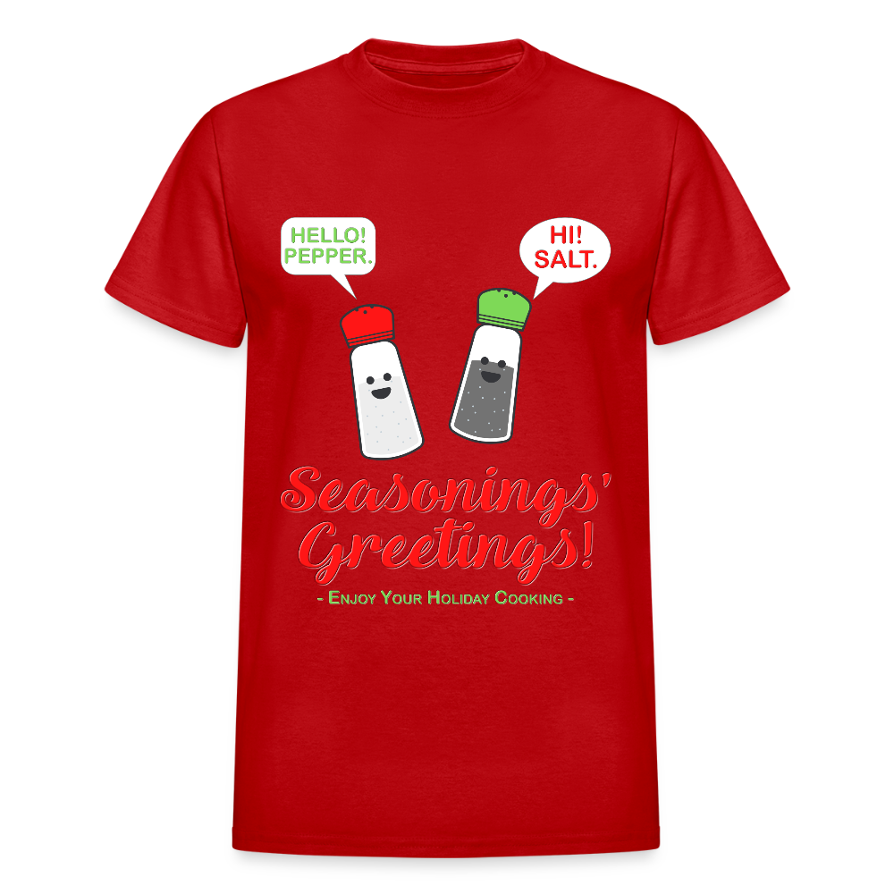 Seasonings Greetings Shirt, Salt Pepper Shaker Shirt, Funny Happy New Year Christmas Holiday Shirt, Foodie Chef Cook Food Gift Idea T-Shirt, Seasons Greetings, Season's Greetings T-Shirt - red