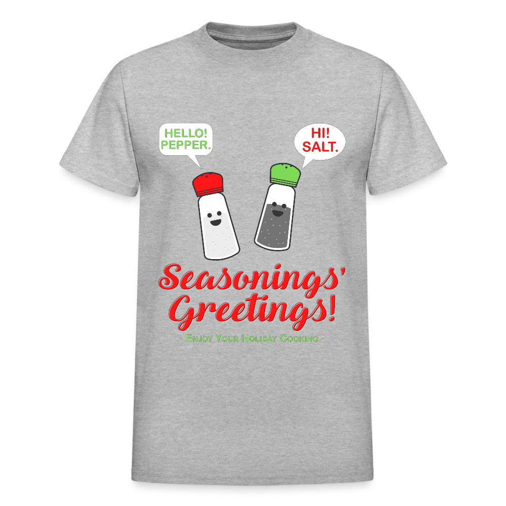 Seasonings Greetings Shirt, Salt Pepper Shaker Shirt, Funny Happy New Year Christmas Holiday Shirt, Foodie Chef Cook Food Gift Idea T-Shirt, Seasons Greetings, Season's Greetings T-Shirt - heather gray