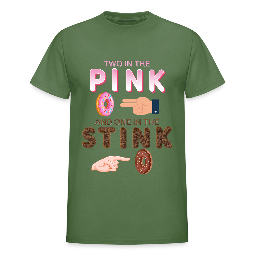Adult Humor Shirt, The shocker symbol t-shirt, Inappropriate adult sexual humor, 2 in the pink 1 in the stink butt play anal joke, Two, One - military green