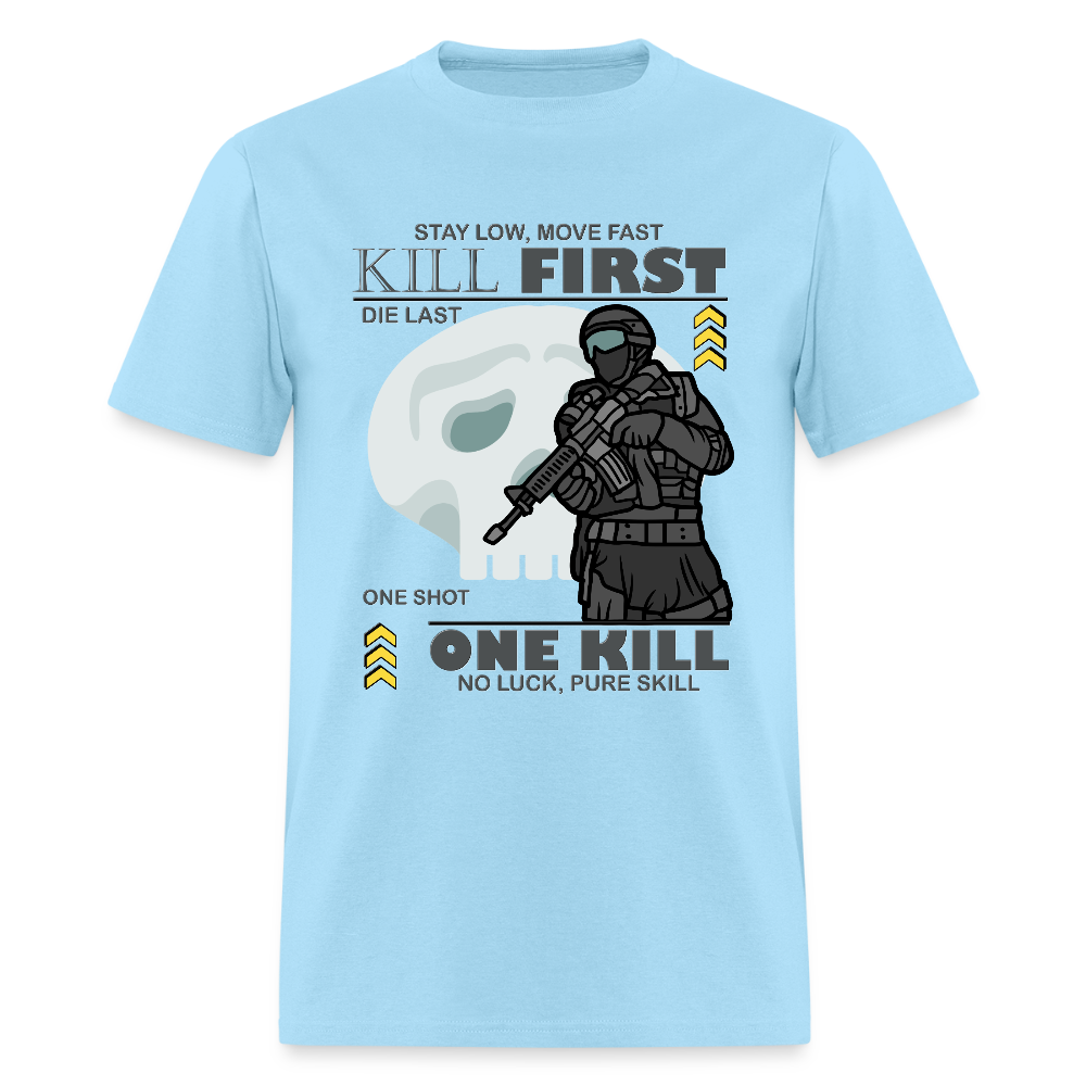 Stay Low Move Fast. Military Sniper T-Shirt, One Kill, No Luck Pure Skill, Die Last, One Shot, Gun Lover Gift, Funny Bullet Gun, Gun Lover, Veteran Gift, Gamer Shirt, Video Game Shirt, Pew T-shirt - powder blue