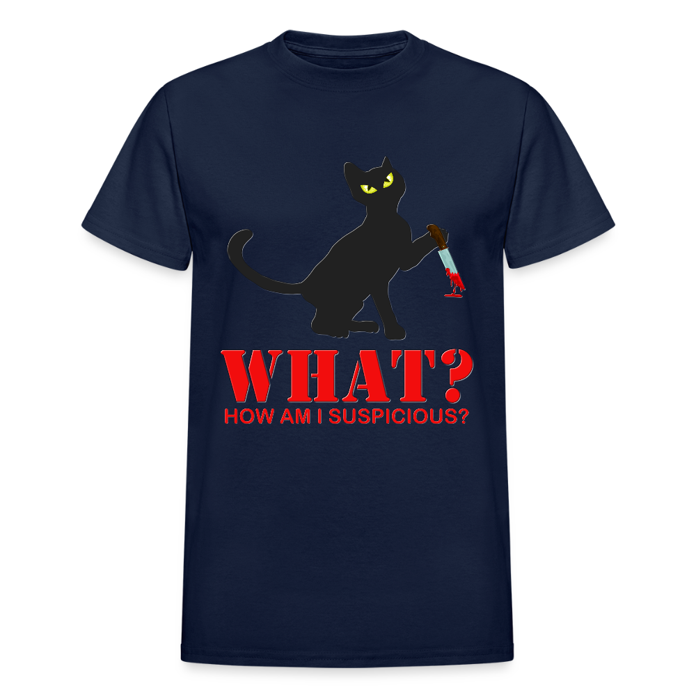 Halloween Cat Shirt, Cat What Funny Black Cat Shirt, How Am I Suspicious, Murderous Cat With Knife T-Shirt, Knife Murderous Cat Tee Shirt, Funny Cat Lover Shirt - navy