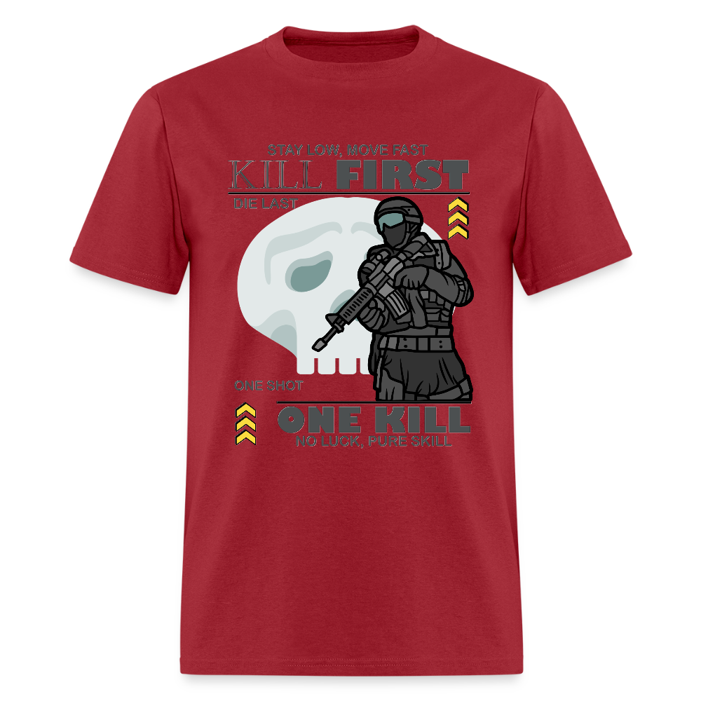 Stay Low Move Fast. Military Sniper T-Shirt, One Kill, No Luck Pure Skill, Die Last, One Shot, Gun Lover Gift, Funny Bullet Gun, Gun Lover, Veteran Gift, Gamer Shirt, Video Game Shirt, Pew T-shirt - dark red