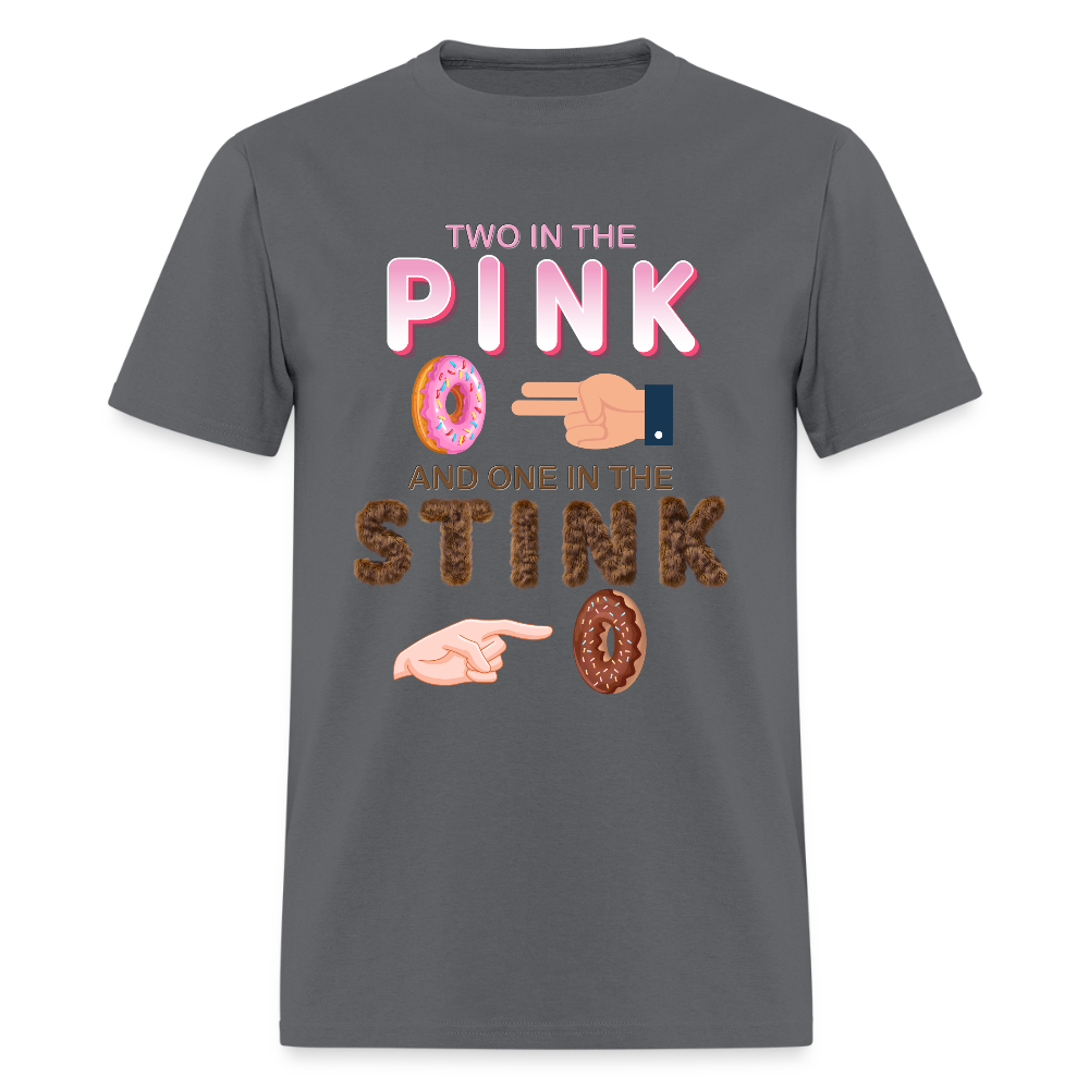 Adult Humor Shirt, The shocker symbol t-shirt, Inappropriate adult sexual humor, 2 in the pink 1 in the stink butt play anal joke, Two, One - charcoal