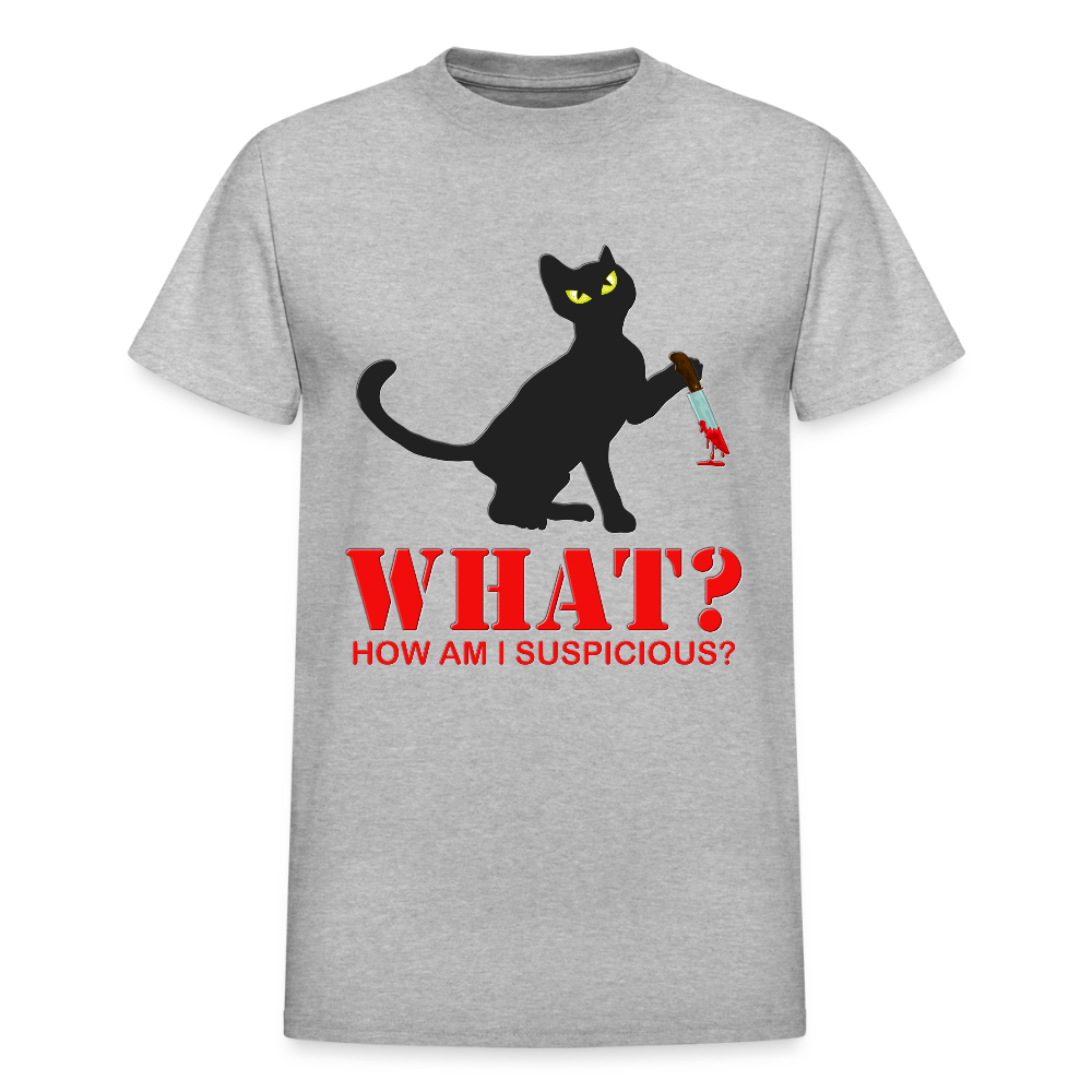 Halloween Cat Shirt, Cat What Funny Black Cat Shirt, How Am I Suspicious, Murderous Cat With Knife T-Shirt, Knife Murderous Cat Tee Shirt, Funny Cat Lover Shirt - heather gray