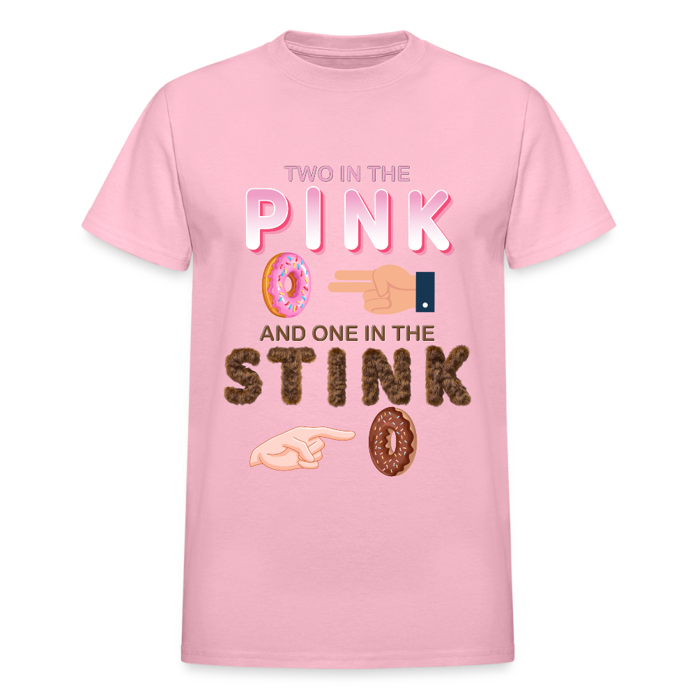 Adult Humor Shirt, The shocker symbol t-shirt, Inappropriate adult sexual humor, 2 in the pink 1 in the stink butt play anal joke, Two, One - light pink