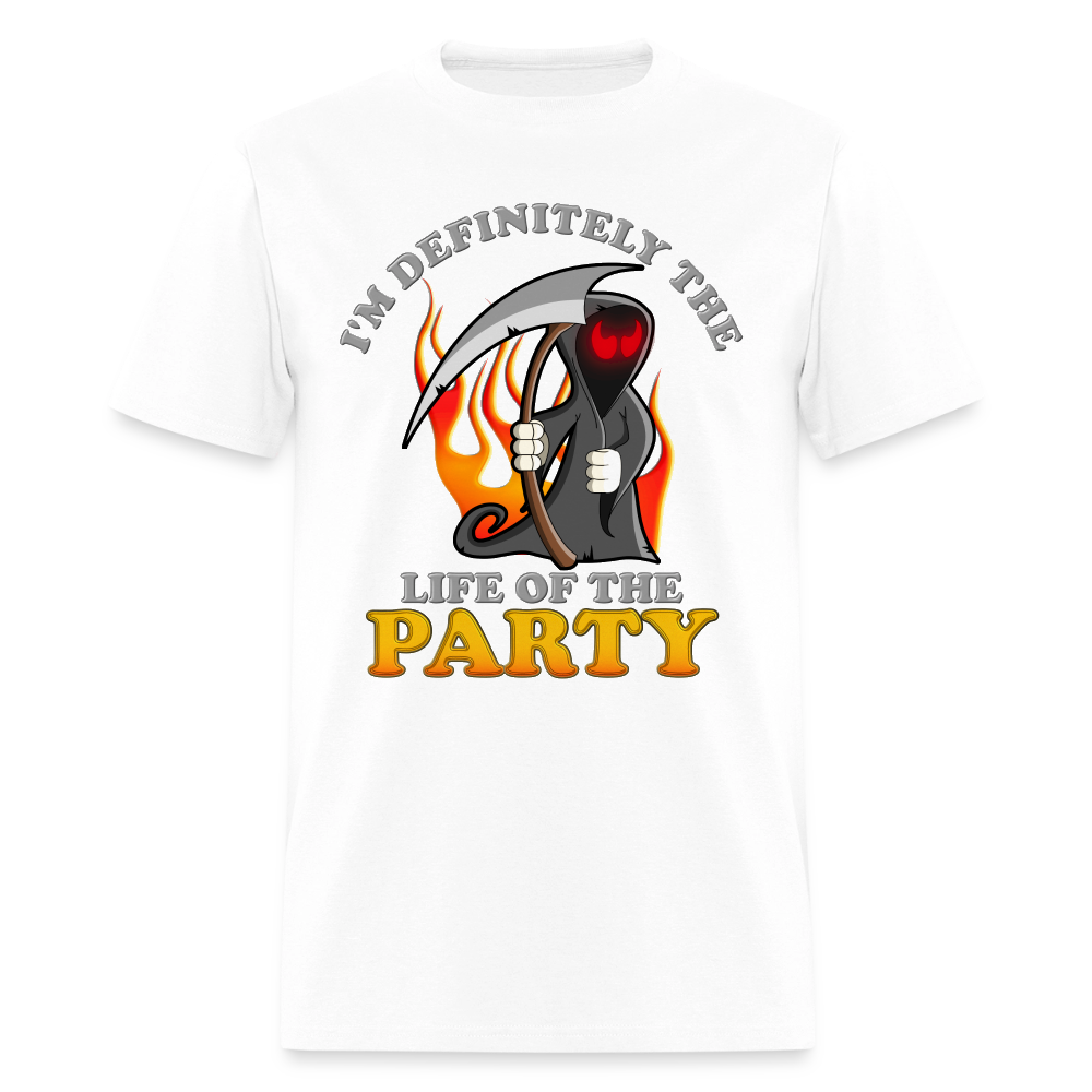 I'm Definitely The Life Of The Party, Grim Reaper, Death, Happy Halloween, Monster, Trick Or Treat, Spooky, Scary, Skull, Wolf, Werewolf, Orange, Bat, Red, Mountain, Men's Premium T-Shirt - white