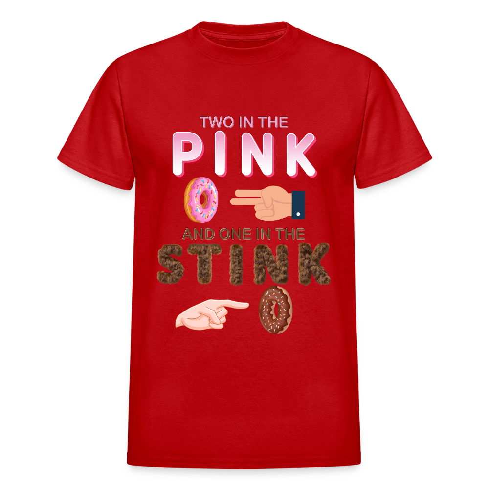 Adult Humor Shirt, The shocker symbol t-shirt, Inappropriate adult sexual humor, 2 in the pink 1 in the stink butt play anal joke, Two, One - red
