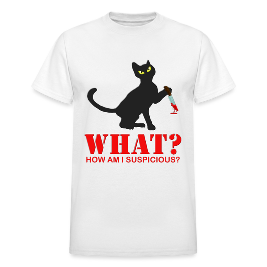 Halloween Cat Shirt, Cat What Funny Black Cat Shirt, How Am I Suspicious, Murderous Cat With Knife T-Shirt, Knife Murderous Cat Tee Shirt, Funny Cat Lover Shirt - white