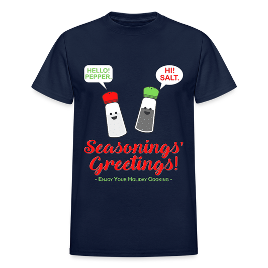 Seasonings Greetings Shirt, Salt Pepper Shaker Shirt, Funny Happy New Year Christmas Holiday Shirt, Foodie Chef Cook Food Gift Idea T-Shirt, Seasons Greetings, Season's Greetings T-Shirt - navy