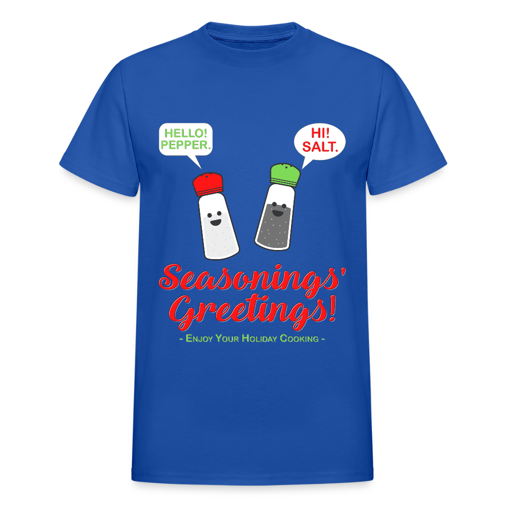 Seasonings Greetings Shirt, Salt Pepper Shaker Shirt, Funny Happy New Year Christmas Holiday Shirt, Foodie Chef Cook Food Gift Idea T-Shirt, Seasons Greetings, Season's Greetings T-Shirt - royal blue