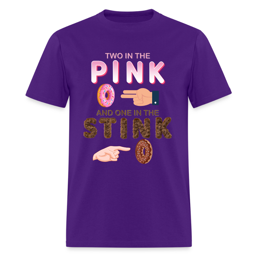 Adult Humor Shirt, The shocker symbol t-shirt, Inappropriate adult sexual humor, 2 in the pink 1 in the stink butt play anal joke, Two, One - purple