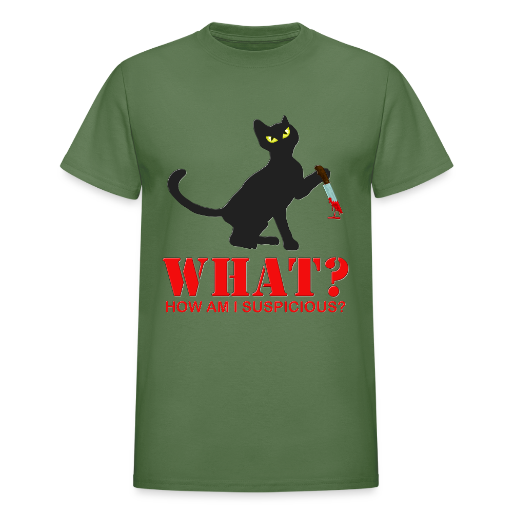 Halloween Cat Shirt, Cat What Funny Black Cat Shirt, How Am I Suspicious, Murderous Cat With Knife T-Shirt, Knife Murderous Cat Tee Shirt, Funny Cat Lover Shirt - military green