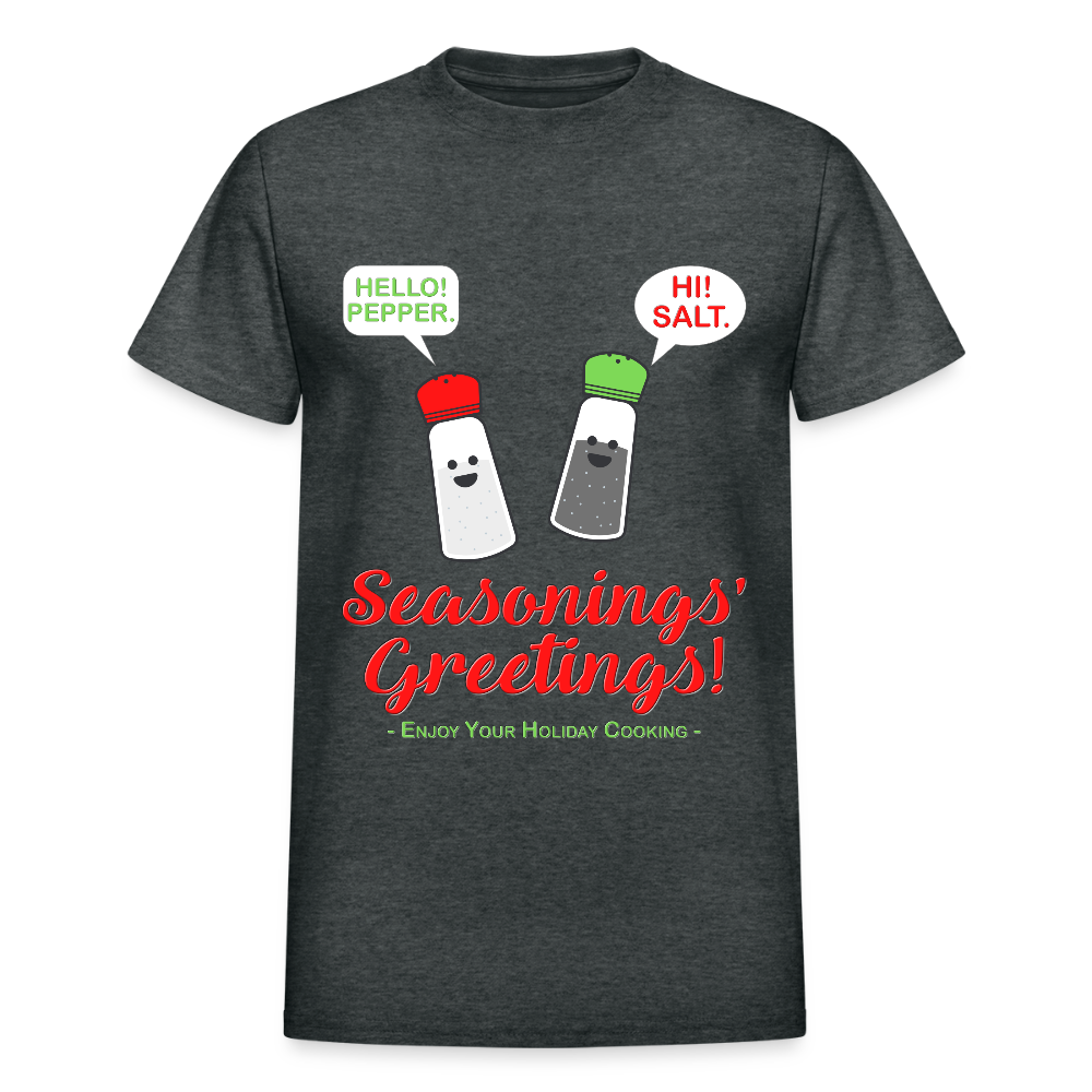 Seasonings Greetings Shirt, Salt Pepper Shaker Shirt, Funny Happy New Year Christmas Holiday Shirt, Foodie Chef Cook Food Gift Idea T-Shirt, Seasons Greetings, Season's Greetings T-Shirt - deep heather
