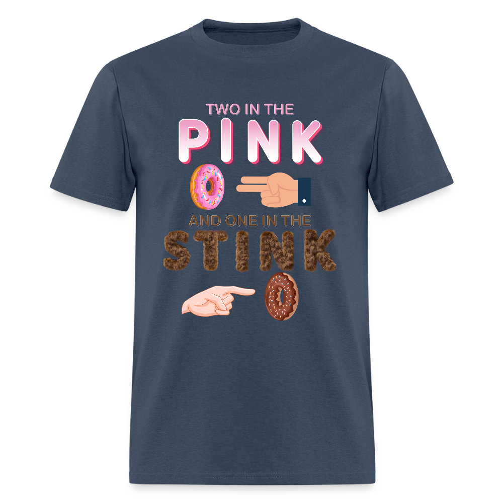 Adult Humor Shirt, The shocker symbol t-shirt, Inappropriate adult sexual humor, 2 in the pink 1 in the stink butt play anal joke, Two, One -  blue dusk