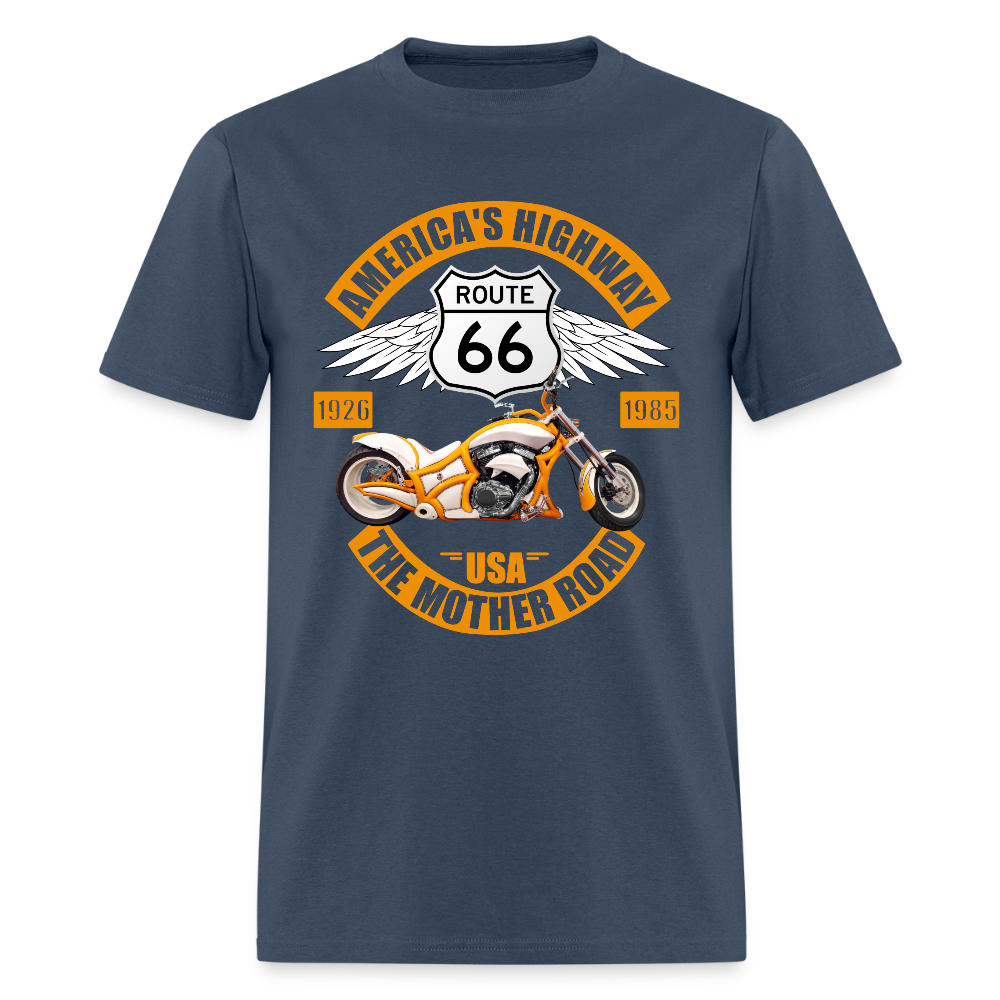Route 66 Shirt, America's Road, Fathers Day Gift, Mother Road, Route 66 T-Shirt, Road Trip Shirt, Route 66 USA Motorcycle Biker Souvenir Tee -  blue dusk