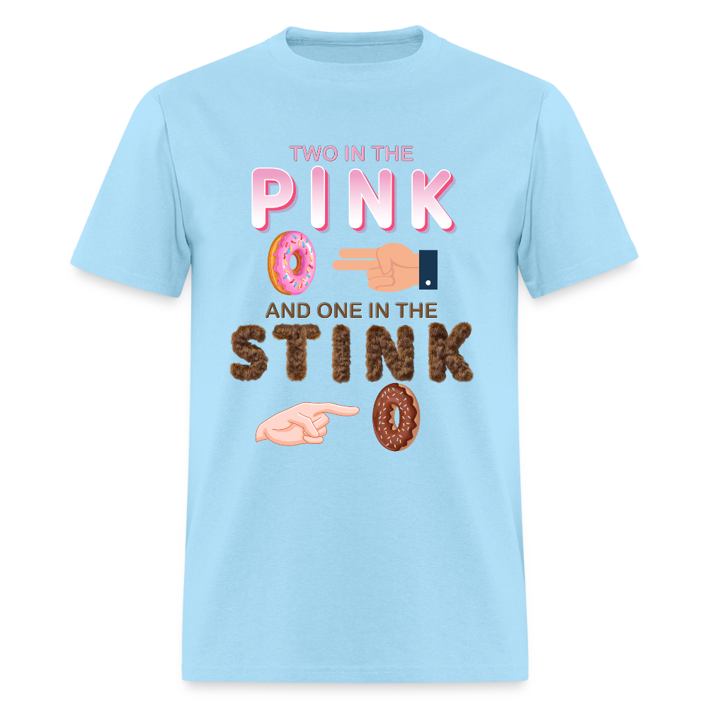 Adult Humor Shirt, The shocker symbol t-shirt, Inappropriate adult sexual humor, 2 in the pink 1 in the stink butt play anal joke, Two, One - powder blue