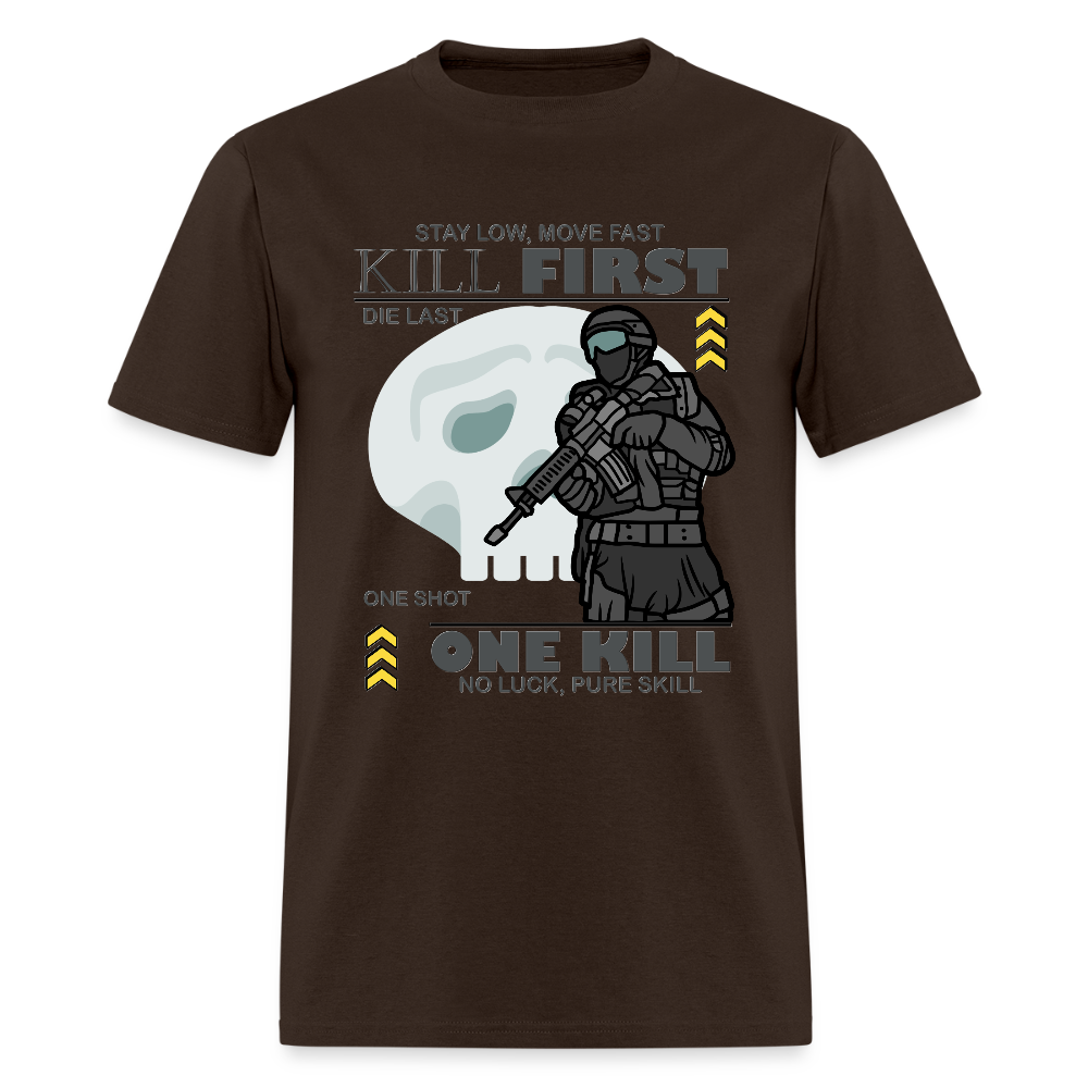 Stay Low Move Fast. Military Sniper T-Shirt, One Kill, No Luck Pure Skill, Die Last, One Shot, Gun Lover Gift, Funny Bullet Gun, Gun Lover, Veteran Gift, Gamer Shirt, Video Game Shirt, Pew T-shirt - brown