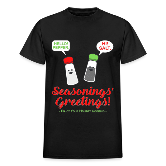 Seasonings Greetings Shirt, Salt Pepper Shaker Shirt, Funny Happy New Year Christmas Holiday Shirt, Foodie Chef Cook Food Gift Idea T-Shirt, Seasons Greetings, Season's Greetings T-Shirt - black