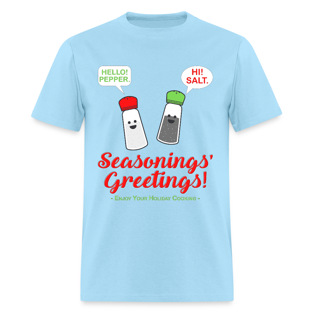 Seasonings Greetings Shirt, Salt Pepper Shaker Shirt, Funny Happy New Year Christmas Holiday Shirt, Foodie Chef Cook Food Gift Idea T-Shirt, Seasons Greetings, Season's Greetings T-Shirt - powder blue