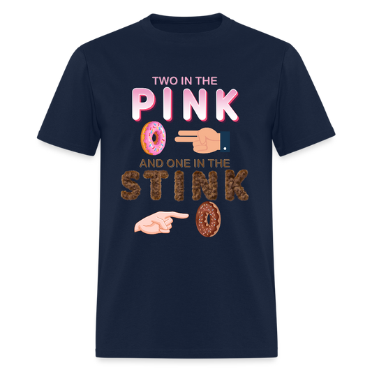 Adult Humor Shirt, The shocker symbol t-shirt, Inappropriate adult sexual humor, 2 in the pink 1 in the stink butt play anal joke, Two, One - navy