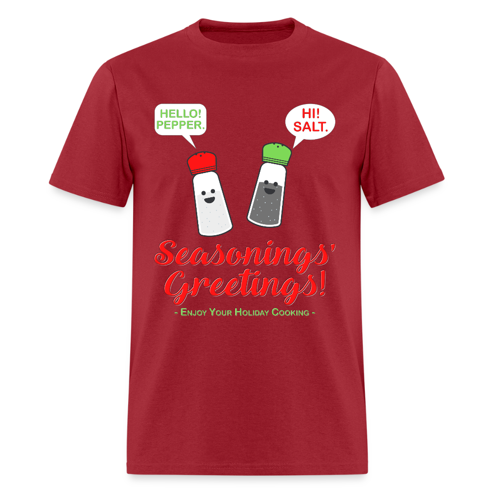 Seasonings Greetings Shirt, Salt Pepper Shaker Shirt, Funny Happy New Year Christmas Holiday Shirt, Foodie Chef Cook Food Gift Idea T-Shirt, Seasons Greetings, Season's Greetings T-Shirt - dark red