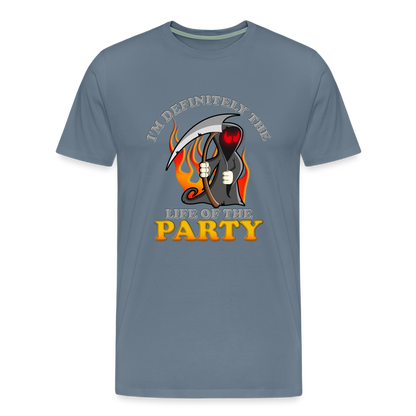 I'm Definitely The Life Of The Party, Grim Reaper, Death, Happy Halloween, Monster, Trick Or Treat, Spooky, Scary, Skull, Wolf, Werewolf, Orange, Bat, Red, Mountain, Men's Premium T-Shirt - steel blue